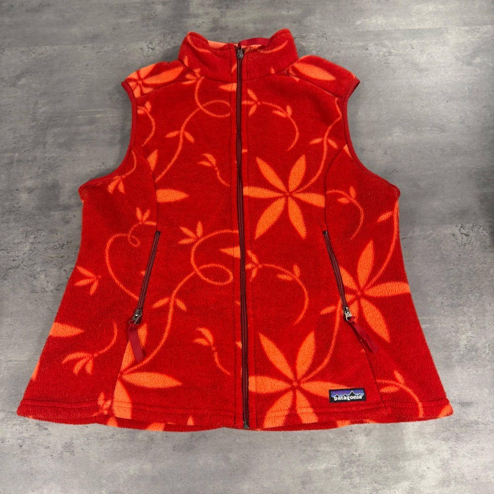 Vintage Patagonia Synchilla Vest Women XL Red Floral Fleece Full Zip Gorpcore